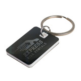 A rectangular stainless steel keytag with a keyring, featuring a dark design and a logo.