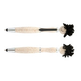 A stylus pen with a beige body and black mop-top design, featuring a silver accent and a branding logo.