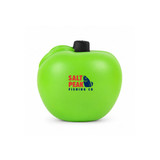 A green apple-shaped stress reliever with a black top and a logo on the front.