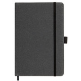 A dark gray hardcover notebook made from recycled leather, featuring a black elastic band and bookmark.