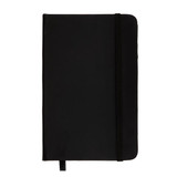 A black pocket notebook featuring a soft cover and an elastic band closure, designed for office and business use.