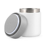 A white food container with a silver metal lid, featuring a grey silicone seal. It has a simple design.