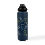 A drink bottle in navy blue features illustrated birds and feathers, with a black threaded lid and a logo.