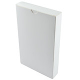A sleek, white cardboard box designed for packaging a product, featuring a top flap closure.