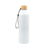 A drink bottle made of aluminium with a sleek white finish and a bamboo lid, featuring a convenient strap.