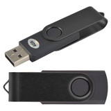 A swivel USB flash drive featuring a sleek black design with a rotating cover and a large button for easy use.