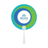 A round fan with blue and green concentric circles and a white handle, featuring a logo in the centre.
