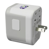 A white travel adaptor with a square design and multiple plug options, featuring a logo on one side.