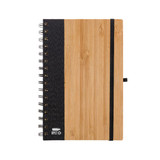 A spiral-bound A5 notebook with a bamboo cover and a black fabric side, featuring a black elastic band closure.