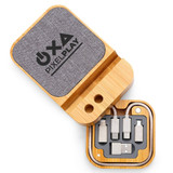 A bamboo charging set featuring multiple cables in a compact case with a fabric top and a logo.