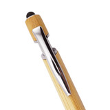 A bamboo pen with a chrome clip and tip, showcasing a natural wood finish. It has a sleek design and a logo.