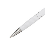 A white aluminium pen with a textured grip and metallic accents, featuring a logo on the barrel.