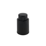 A drink bottle accessory featuring a black push-type wine stopper with a scale for measurement. It has a sleek design and a branding logo.