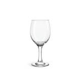 A clear glass wine glass with a tall stem and wide bowl, suitable for casual use. Features a branding logo.