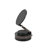 A black suction magnetic phone holder with a rotating top, featuring a base with a textured design and a logo.
