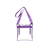 A purple PVC clear crossbody bag with an inner pouch and an adjustable strap. It features a zippered compartment.