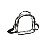 A clear waterproof crossbody bag with a black trim and a detachable strap, featuring a zippered closure and a logo.