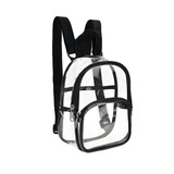 A clear mini backpack with black accents and straps, featuring a front zippered pocket.
