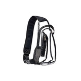 A clear bag with a black shoulder strap, featuring a zippered compartment and mesh pocket. It has a sleek, transparent design.