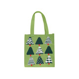 A green knitted tote bag featuring a pattern of Christmas trees in varying shades of green and white. It has two handles and a logo.