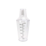 A drink bottle with a transparent design, featuring measurement markings and a removable measuring cap.