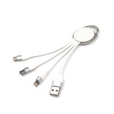 A white 3-in-1 charging cable with a keyring, featuring connectors for Micro USB, USB-C, and Lightning.