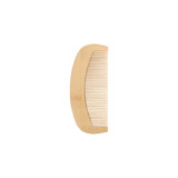A bamboo small comb with a curved shape and fine and wide teeth, featuring a natural light brown finish.