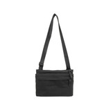 A lightweight black crossbody bag with an adjustable strap and multiple zippered compartments. It features a logo.