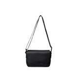 A black polyurethane shoulder bag with a long strap and a flap closure, featuring a logo on the front.