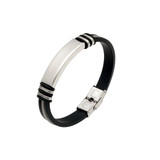 A stylish silver bracelet with black accents, featuring a sleek buckle latch and a smooth metallic surface.