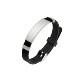 A sleek metal and black silicone bracelet featuring a polished silver plate and metallic accents.