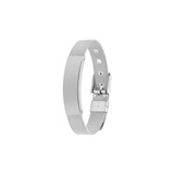 A silver metal bracelet with a sleek mesh design and a smooth blank surface. It features a clasp for secure fastening.