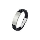 A black silicone bracelet with a metallic silver clasp and a smooth surface area for custom engraving.