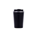 A stainless steel coffee mug in matte black with a silver band around the top and a black lid.