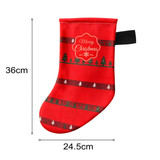 A red Christmas stocking with decorative patterns, featuring a logo and a loop for hanging. Dimensions listed.