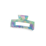 A hair claw clip in iridescent pastel colours, featuring a rectangular opening and multiple gripping teeth.