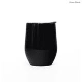 A drink bottle in gloss black with a smooth, curved design and a lid, featuring a subtle branding logo.