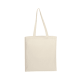 A beige tote bag with long handles and a simple design. It features a logo on one side.