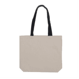 A beige tote bag with black handles, featuring a logo on one side.