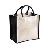 A medium jute tote bag with a natural canvas body and black handles. It includes a logo on one side.