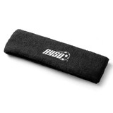 A black plush terry sport headband featuring a logo, designed for comfort and style during activities.