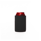 A black stubby cooler with a red drink can inside, featuring a logo.