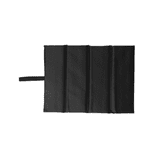 A foldable chair cushion in black, featuring a textured surface and a handle for easy carrying.