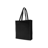 A black tote bag with two handles and a simple design, featuring a logo on the front.