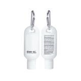 A white 30ml SPF 50 sunscreen lotion with a carabiner attachment, featuring a logo and text on the packaging.