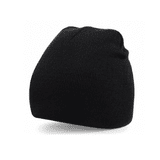 Acrylic beanie hat in black, featuring a ribbed texture and a logo on the side.