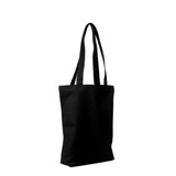 A black canvas tote bag with long handles and a simple design. It features a logo on the front.