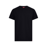 A black T-shirt with a round neckline and short sleeves, featuring a small logo at the hem.