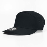 A black cap with a structured design and a logo on the front.