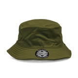 A green bucket hat featuring a logo on the front. The hat has a wide brim for sun protection.